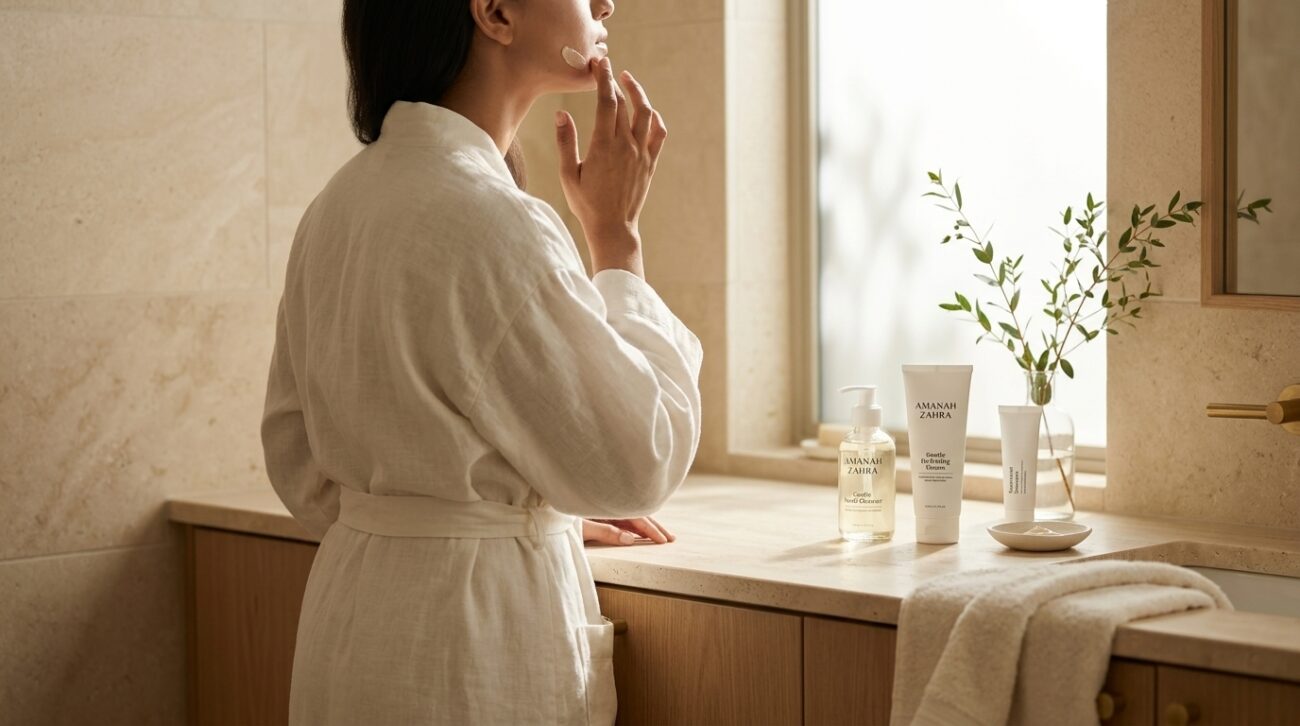 Asian woman applying moisturizer at a beige stone bathroom vanity during morning light, with minimal skincare products