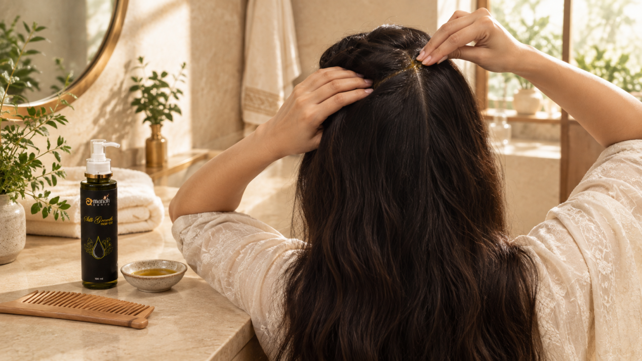 Proper hair oiling technique with oil applied to a sectioned scalp
